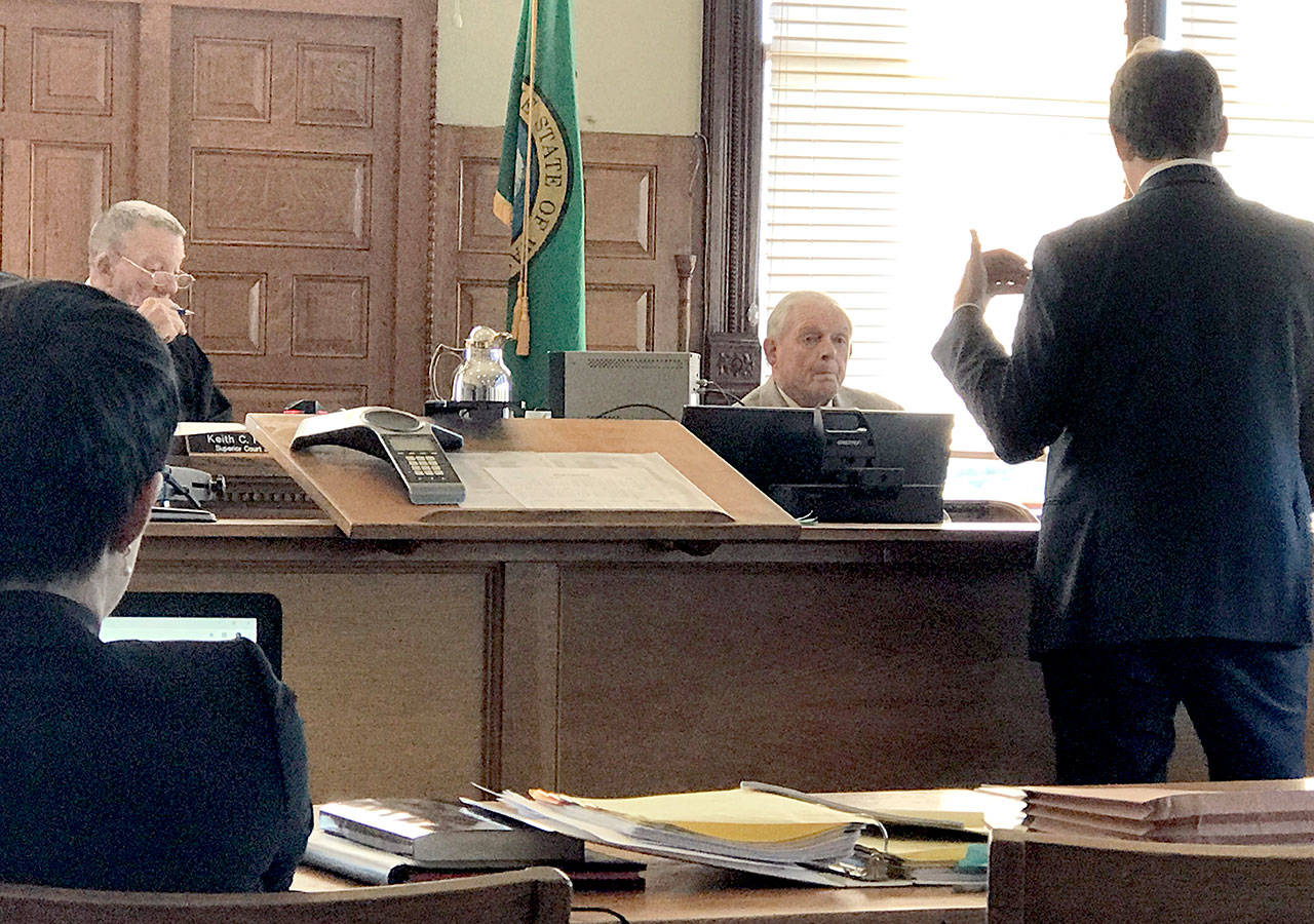 Jefferson County Superior Court Judge Keith Harper, left, listens to defense attorney Jake Range ask questions of Richard Stroud, a veterinary forensic pathologist. Stroud testified for the defense Wednesday that a number of factors could have led to the emaciated state of the bison, including toxic plants and parasites called liver flukes. (Brian McLean/Peninsula Daily News)