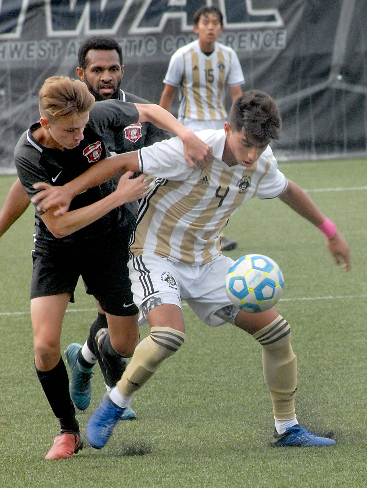 Keith Thorpe/Peninsula Daily News Peninsula’s Isael Lopez-Plascencia, right, fends off Everett’s Aiden Cook as Cook’s teammate, Nahor Asso, comes up from behind on Saturday at Wally Sigmar Field in Port Angeles.