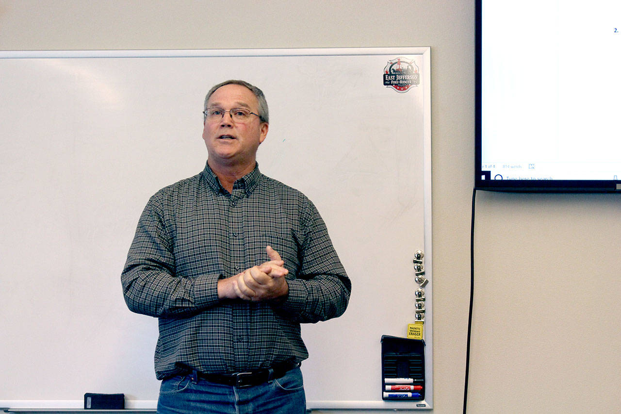 Jefferson Public Utility District General Manager Kevin Streett speaks at a special meeting held at the Chimacum Fire Station regarding the PUD’s proposed opt-out program. (Zach Jablonski/Peninsula Daily News)