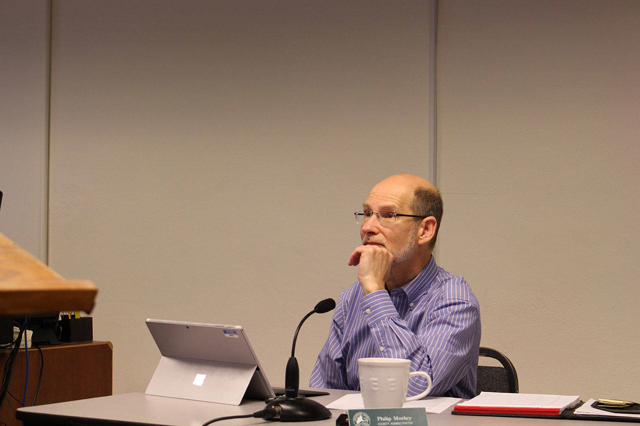 County Administrator Philip Morley discusses the expansion of the south Coyle no-shooting area with the Jefferson County commissioners Monday morning. (Zach Jablonski/Peninsula Daily News)