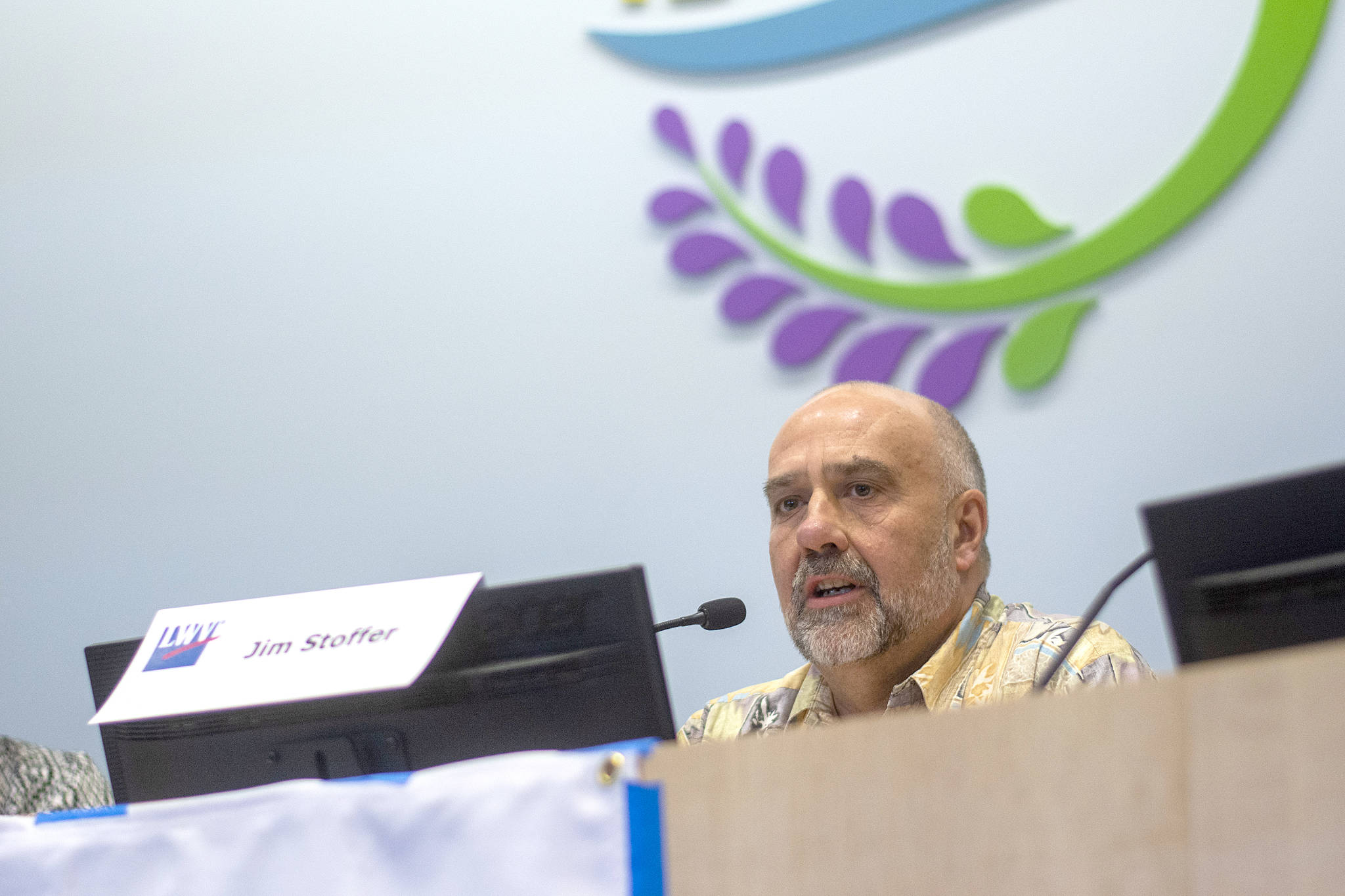 Jim Stoffer, pictured speaking during a League of Women Voters forum in October for the candidates for Sequim School Board, position 3, won reelection on Nov. 5. (Jesse Major/Peninsula Daily News)
