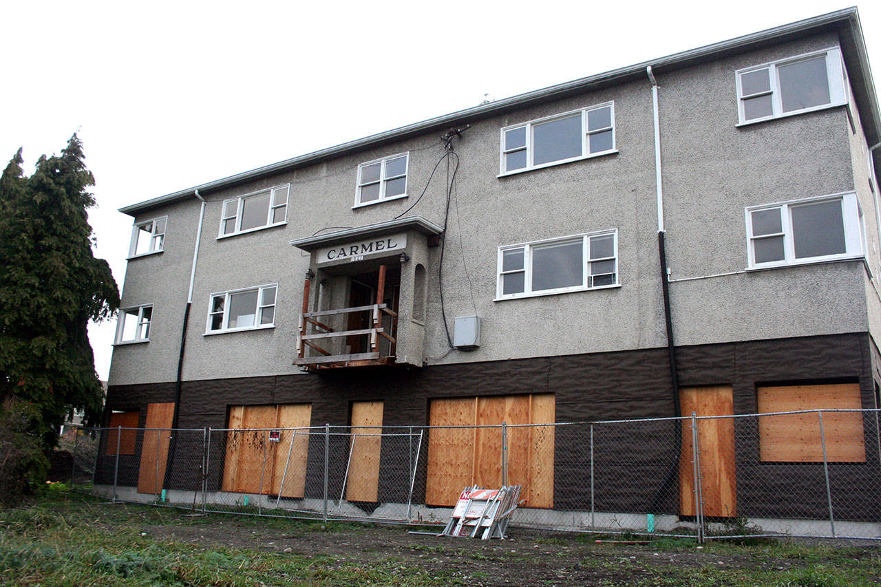 The Carmel building, barged from Victoria to Port Townsend as an affordable housing project, now sits on a solid foundation above Cherry Street near the Grace Lutheran Church. Representatives from the nonprofit Homeward Bound organization have told City Council members they plan to house people in the building by the end of 2020. (Brian McLean/Peninsula Daily News)