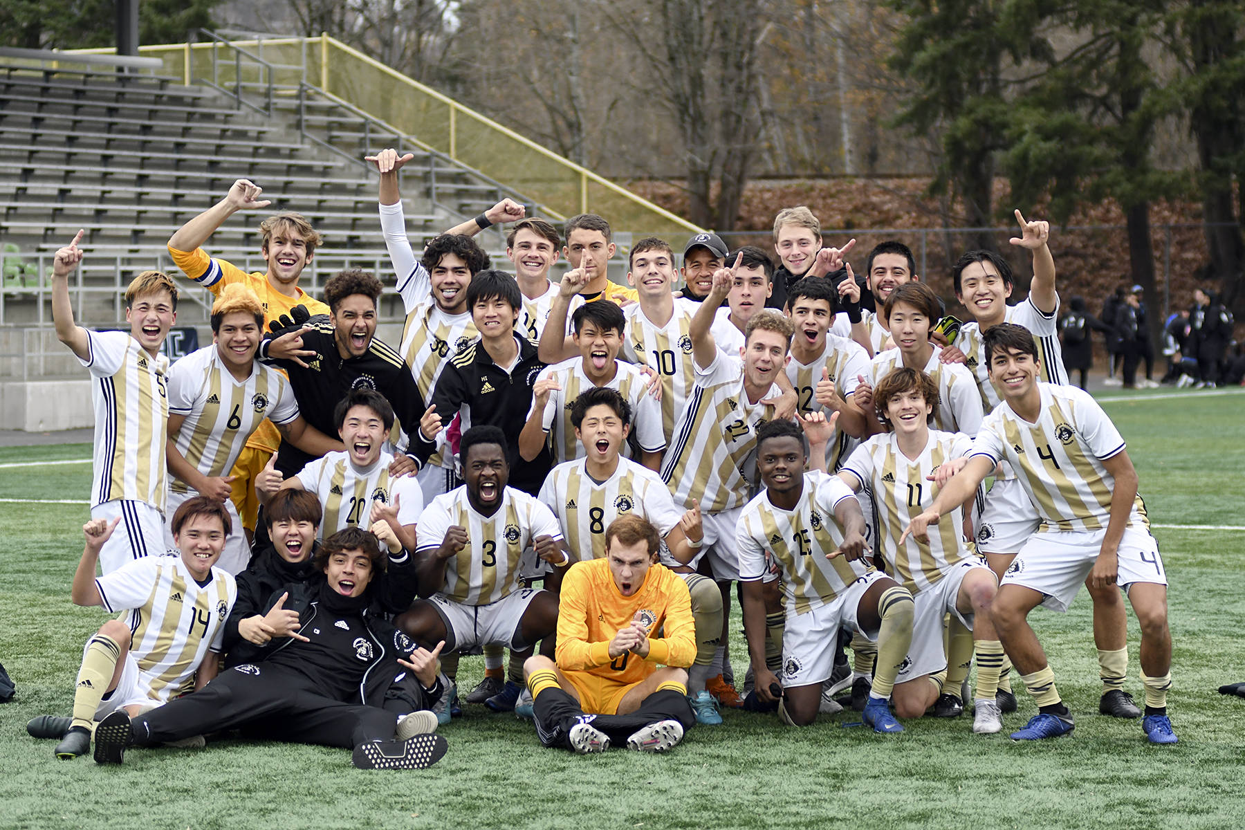 Photo courtesy Peninsula College                                The Peninsula College men’s soccer team celebrates after winning its NWAC Championship semifinal 4-0 over Chemeketa on Saturday. The men will play for the title at 2 p.m. today.