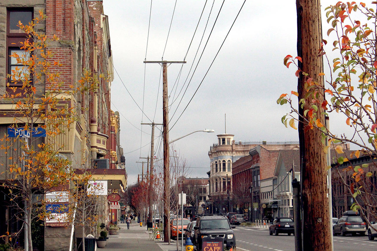 The upper most power lines along Water Street will be coming down starting after Jan. 1, as the Jefferson County Public Utility District works to finish its wire undergrounding project that was started in 2016. (Zach Jablonski/Peninsula Daily News)