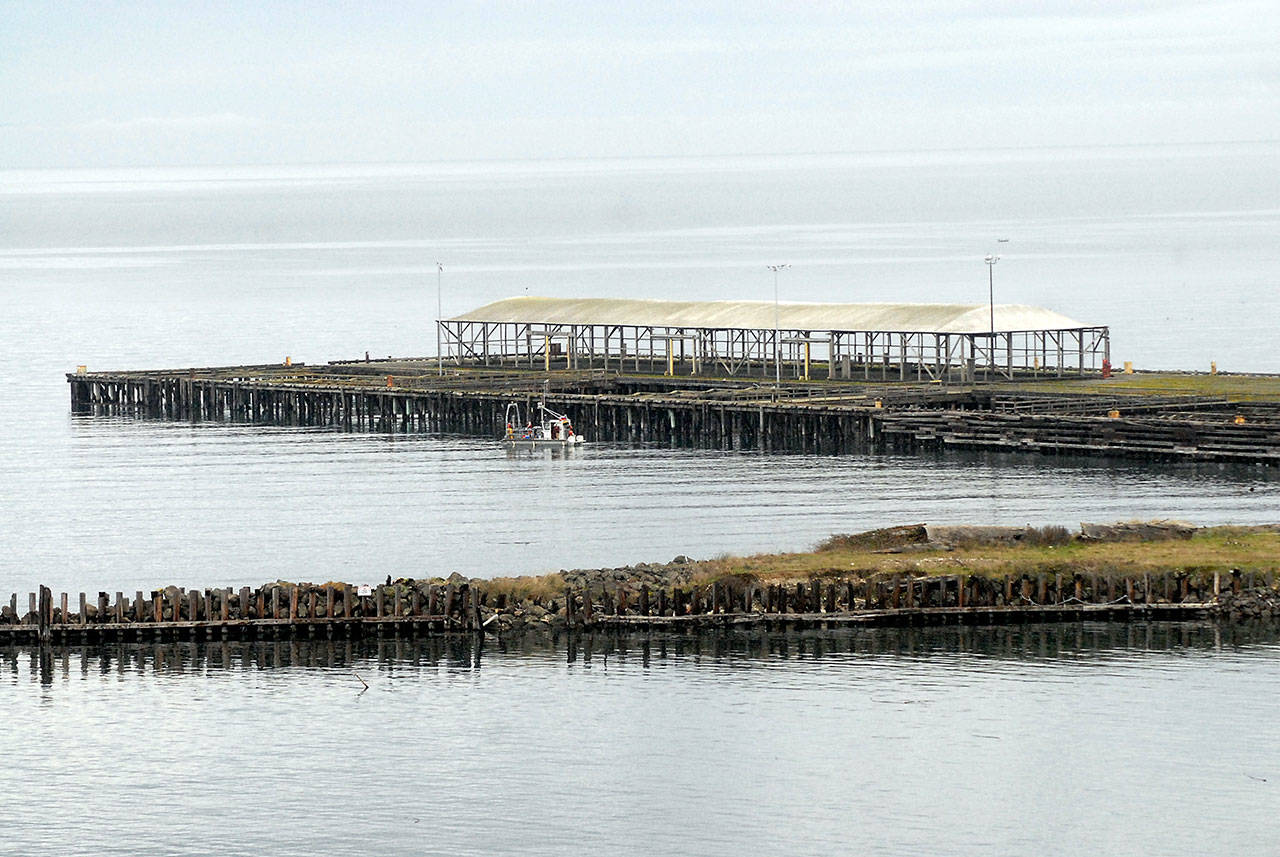 The former loading dock and breakwater at the former Rayonier pulp mill, shown Saturday, are among the few structures still intact at the site east of downtown Port Angeles. (Keith Thorpe/Peninsula Daily News)