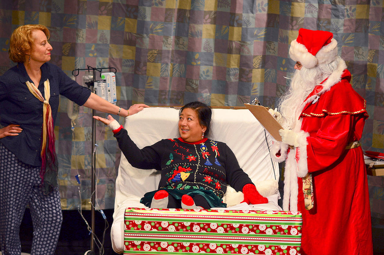 Inspirational author Wanda Moore (Michelle Hensel), left, her fan Marcy (Consuelo Aduviso Brennan) and a costumed doctor collide in “Mercy Falls,” the comedy premiering at Port Townsend’s Key City Public Theatre this weekend. (Diane Urbani de la Paz/for Peninsula Daily News)
