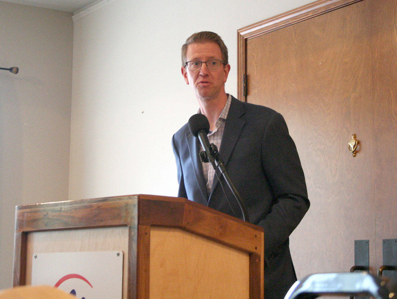 U.S. Rep. Derek Kilmer, D-Gig Harbor, speaks to about 75 people Monday at the Port Townsend Elks Club during the semi-monthly luncheon hosted by the Chamber of Jefferson County. (Brian McLean/Peninsula Daily News)