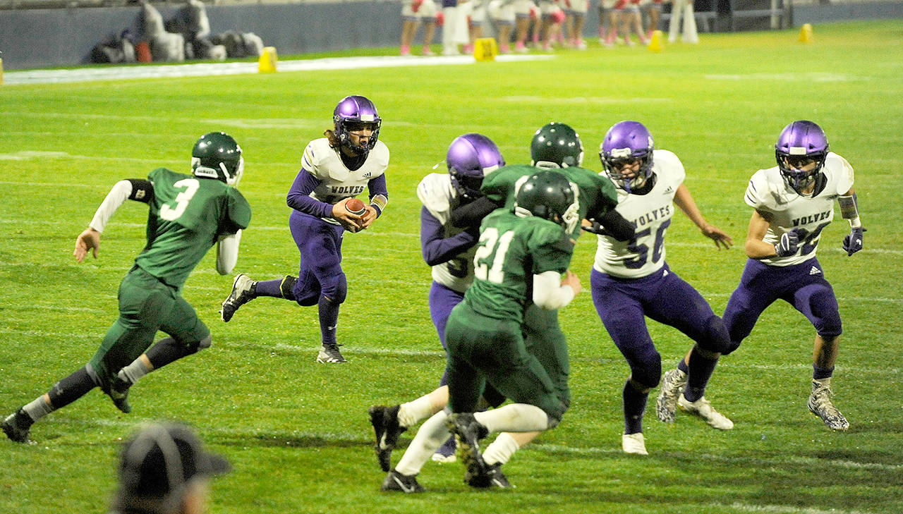 Sequim quarterback Taig Wiker runs with the football during a rivalry win over Port Angeles. Wiker is the Peninsula Daily News’ All-Peninsula 11-man Football MVP. (Michael Dashiell/Olympic Peninsula News Group)