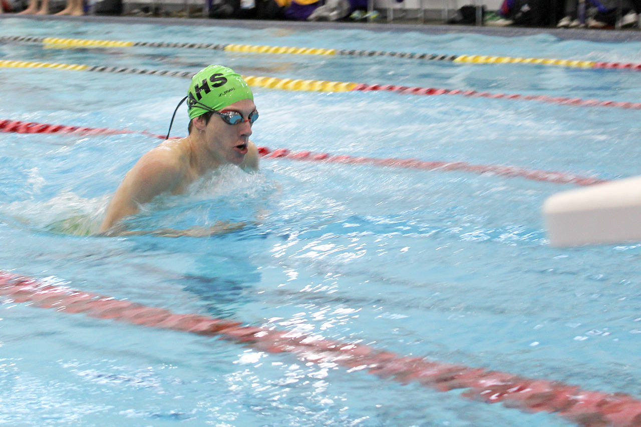 Port Angeles’ Josh Gavin swims the breaststroke leg of the medley relay during a meet with North Kitsap at the Sequim YMCA. (Patty Reifenstahl photo)