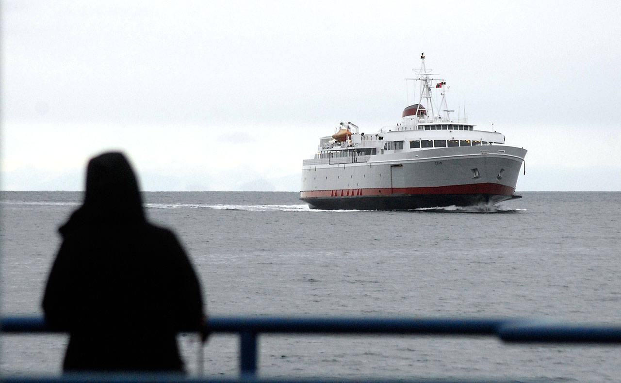 The MV Coho ferry sails into Port Angeles Harbor from Victoria. The ship celebrates 60 years of service today. (Keith Thorpe/Peninsula Daily News)
