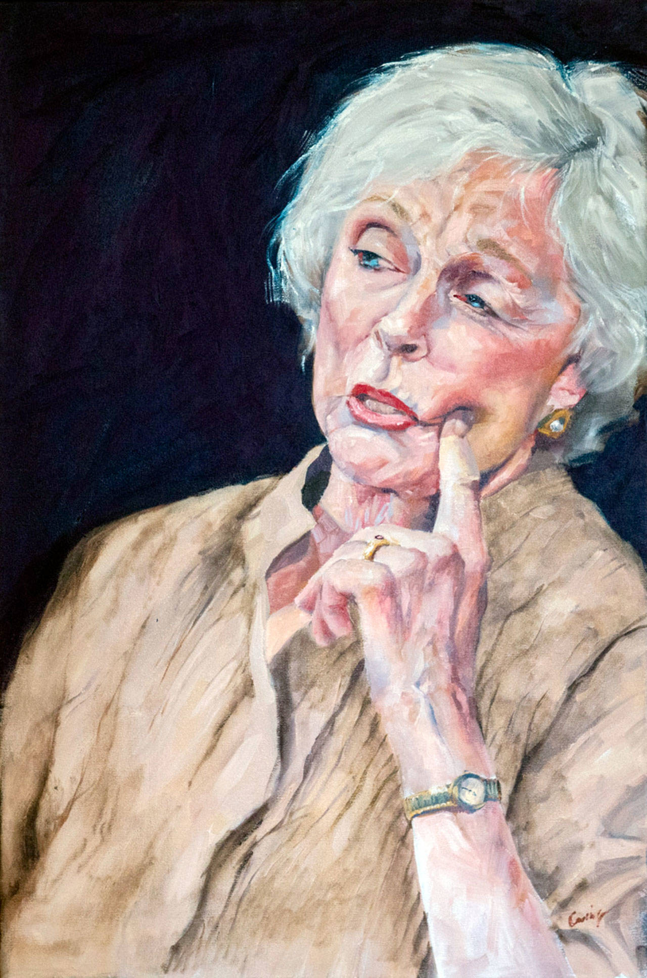 Artist Sharman Owens’ portrait of Carol Swarbrick as Miss Lillian will be raffled off during the run of the show at Olympic Theatre Arts.