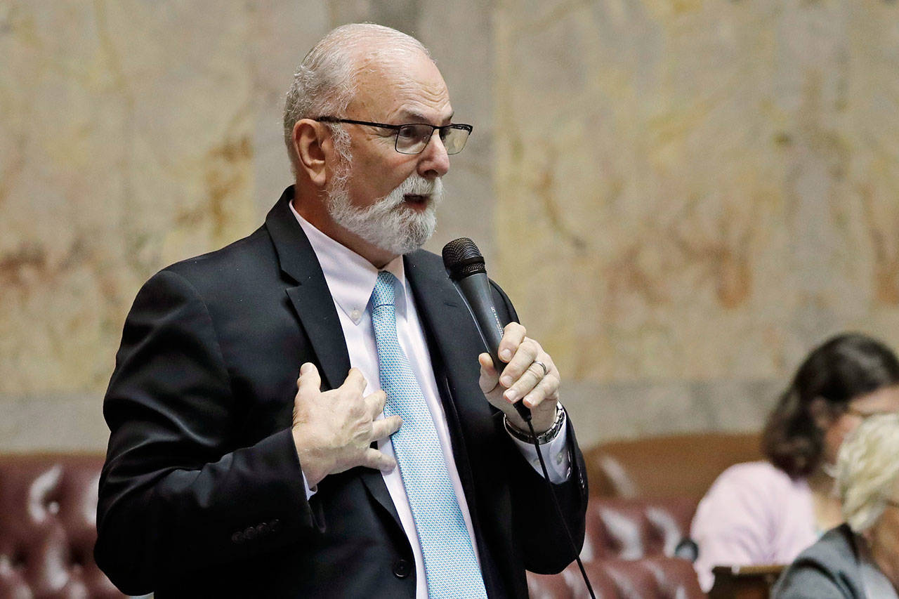 Washington Sen. Phil Fortunato, R-Auburn, speaks on the Senate floor in opposition to a bill that would ban single-use plastic bags, Wednesday, Jan. 15, 2020, at the Capitol in Olympia. The Senate once again approved the measure, which first passed during last year’s legislative session, and the bill now heads to the House, where it stalled last year. (Ted S. Warren/The Associated Press)