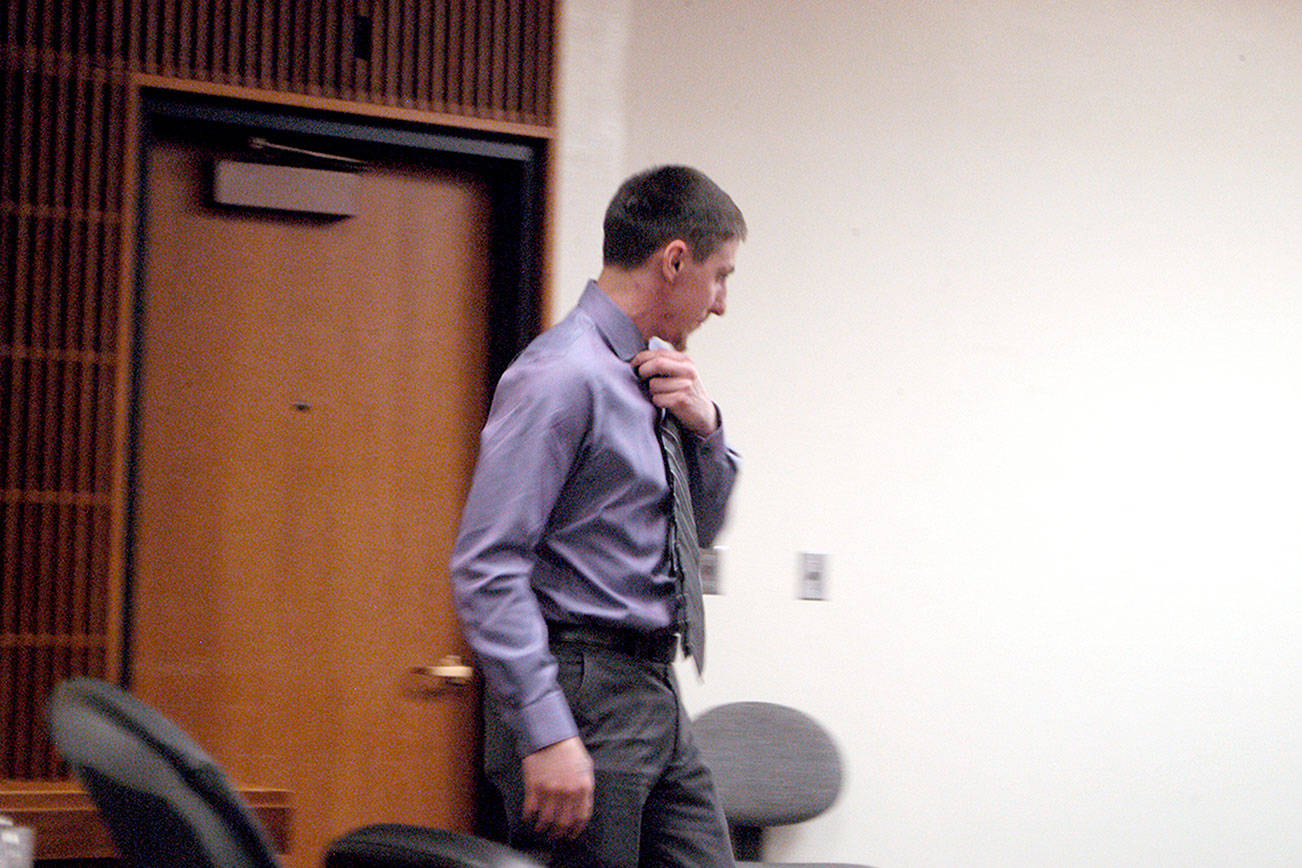 Zachary A. Fletcher enters Clallam County Superior Court on Monday, Feb. 10, 2020, during the first day of his bench trial on two charges of alcohol-related vehicular assault. (Paul Gottlieb/Peninsula Daily News)