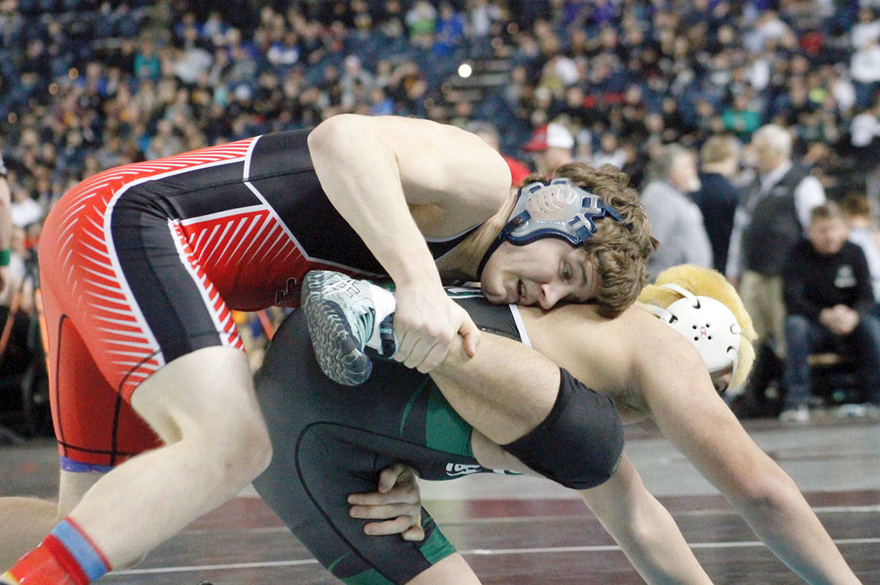 Port Townsend’s Dylan Tracer advanced to the Class 1A 182-pound final at Mat Classic XXXII, the state wrestling tournament, Saturday at the Tacoma Dome. Tracer wrestled Riverside’s Sammy DesRoches for the title late Saturday night. (Mark Krulish/Kitsap News Group)