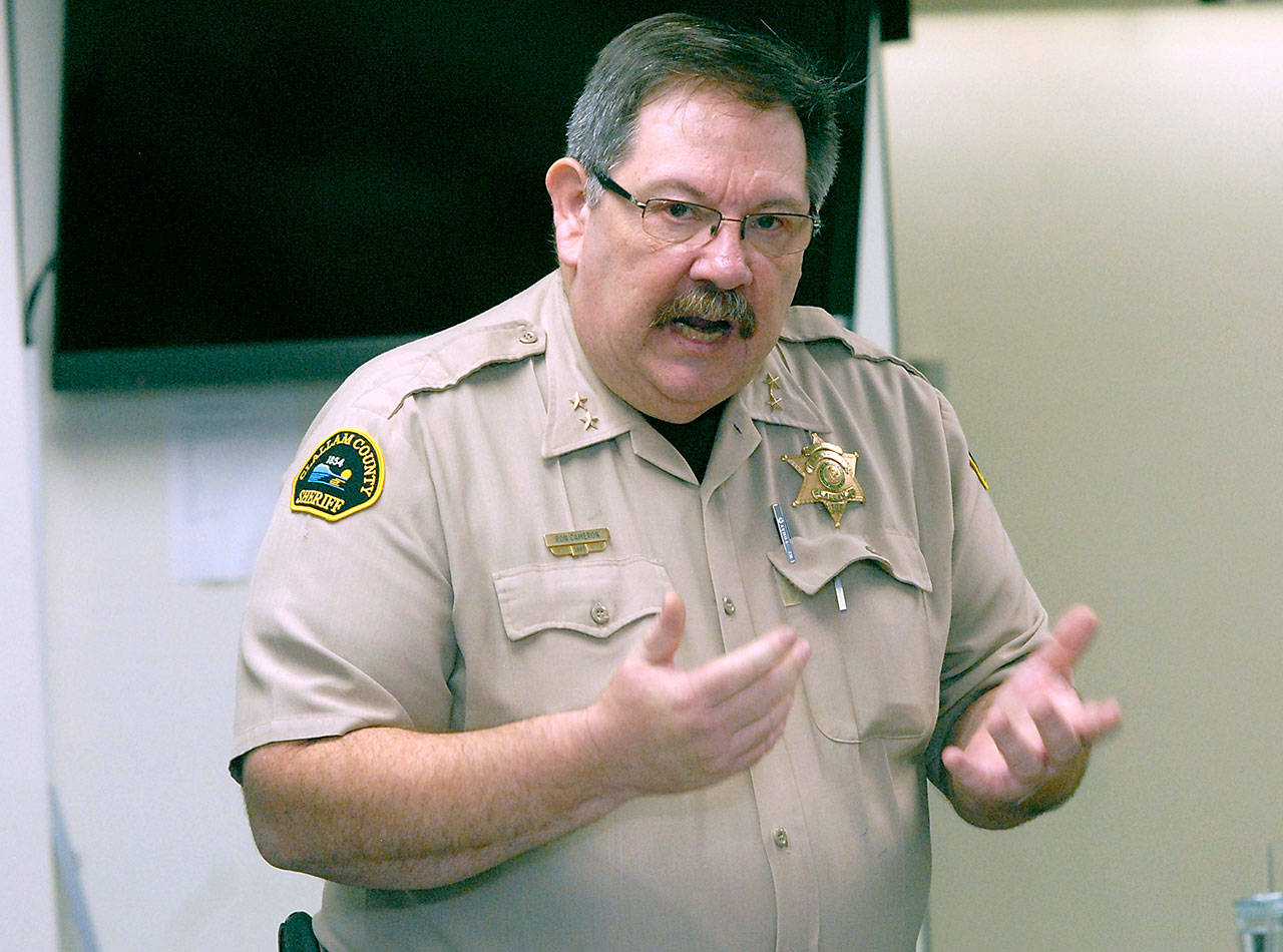 Clallam County Undersheriff Ron Cameron discusses county preparations for the expected spread of coronavirus during a briefing Thursday, March 5, 2020, at the Clallam County Courthouse. (Keith Thorpe/Peninsula Daily News)