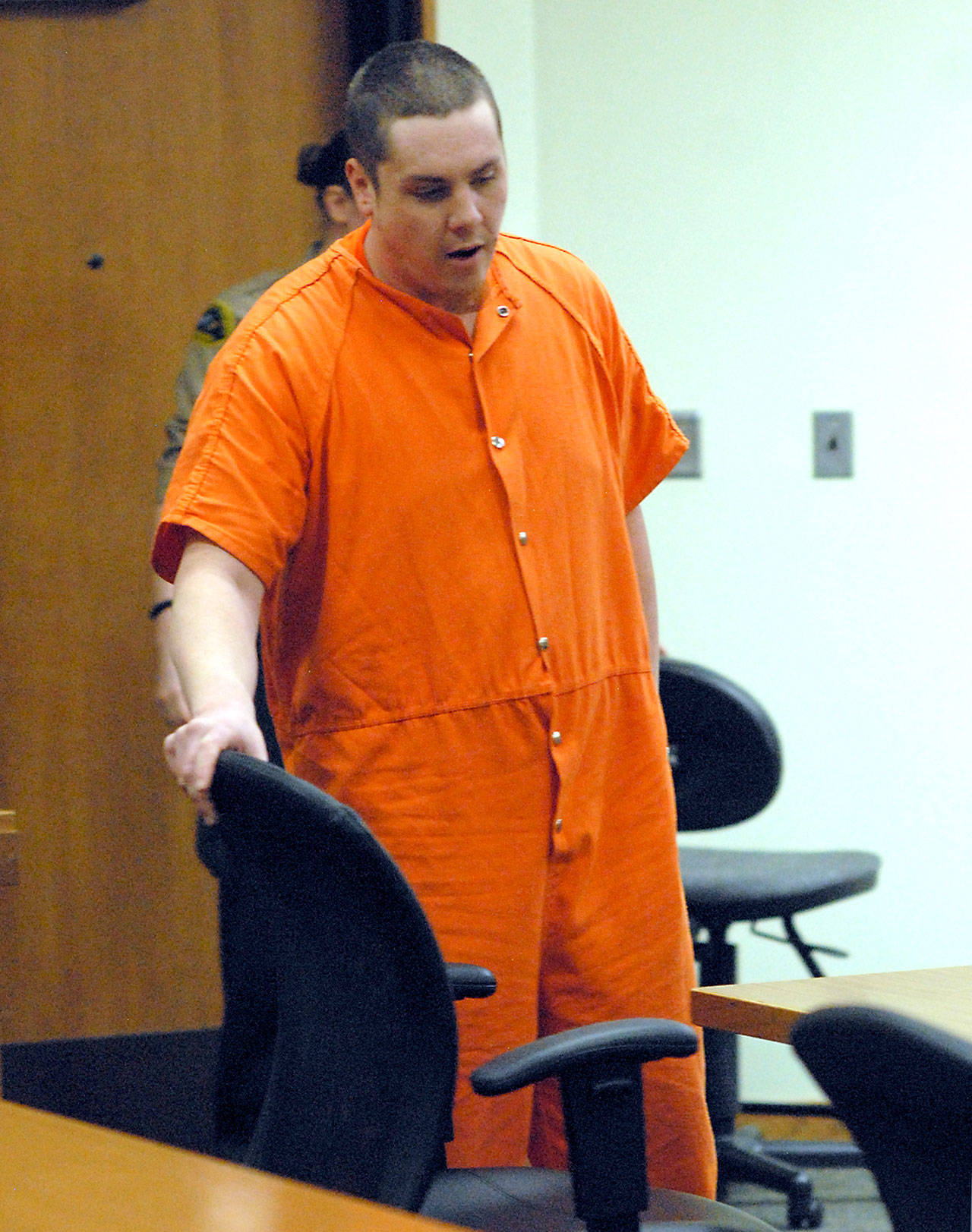 Jason Bradley Hutt, 29, enters Clallam County Superior Court for sentencing Thursday, March 26, 2020. (Keith Thorpe/Peninsula Daily News)