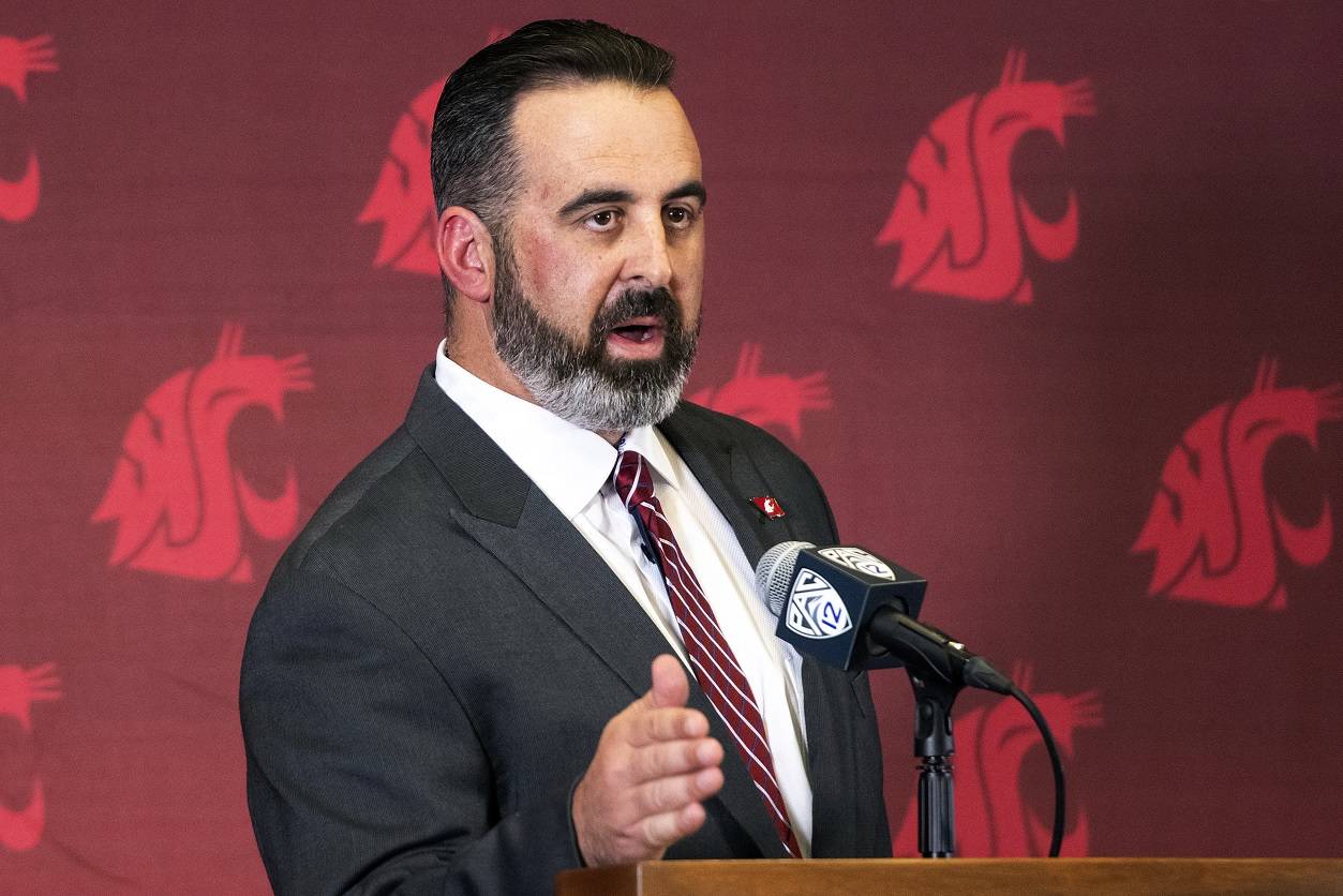 Washington State head football coach Nick Rolovich speaks during a news conference after being officially introduced in Pullman on Jan. 16.                                Pete Caster/Lewiston Tribune via AP Washington State head football coach Nick Rolovich speaks during a news conference after being officially introduced in Pullman on Jan. 16.