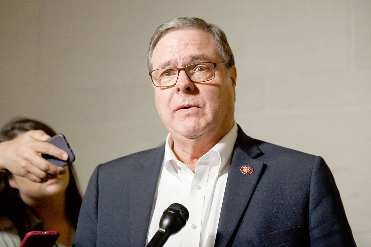 Rep. Denny Heck, D-Wash., speaks with reporters as he departs after a meeting with former U.S. ambassador to Ukraine Marie Yovanovitch on Capitol Hill on Friday, Oct. 11, 2019, in Washington. (Alex Brandon/The Associated Press file)