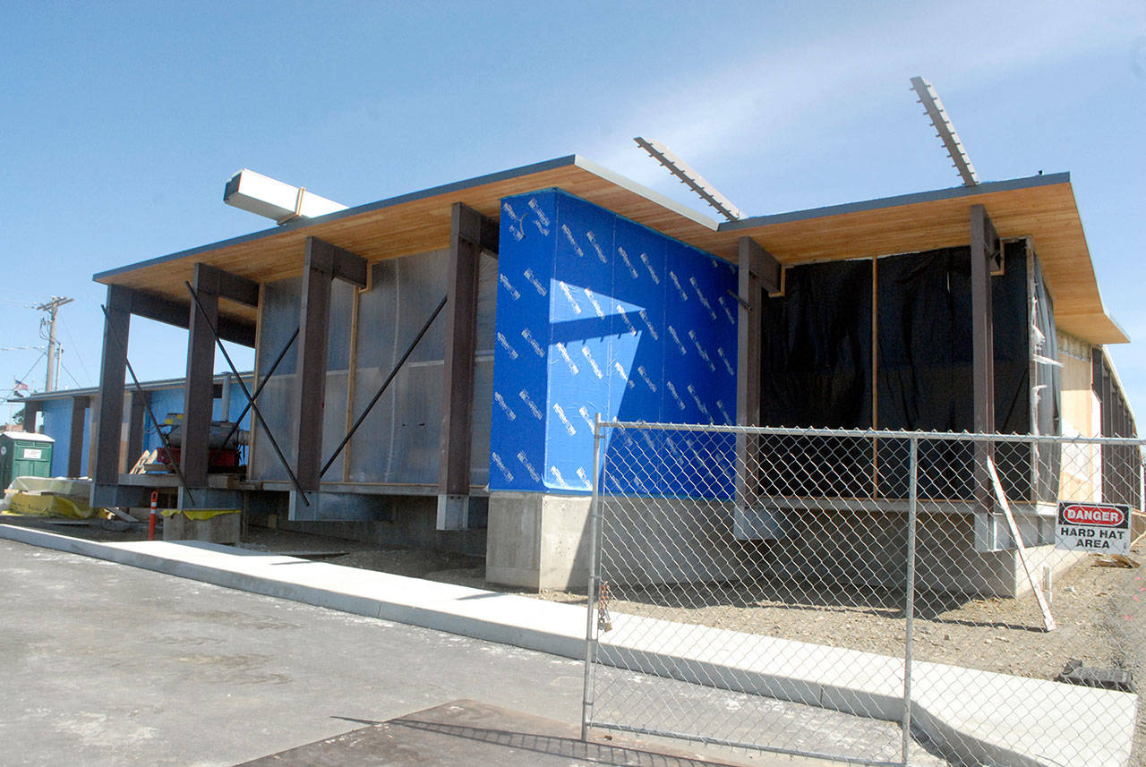 The partially completed Shore Aquatic Center was scheduled to open in June, but construction delays brought on by the COVID-19 pandemic have pushed it out to at least August. (Keith Thorpe/Peninsula Daily News)