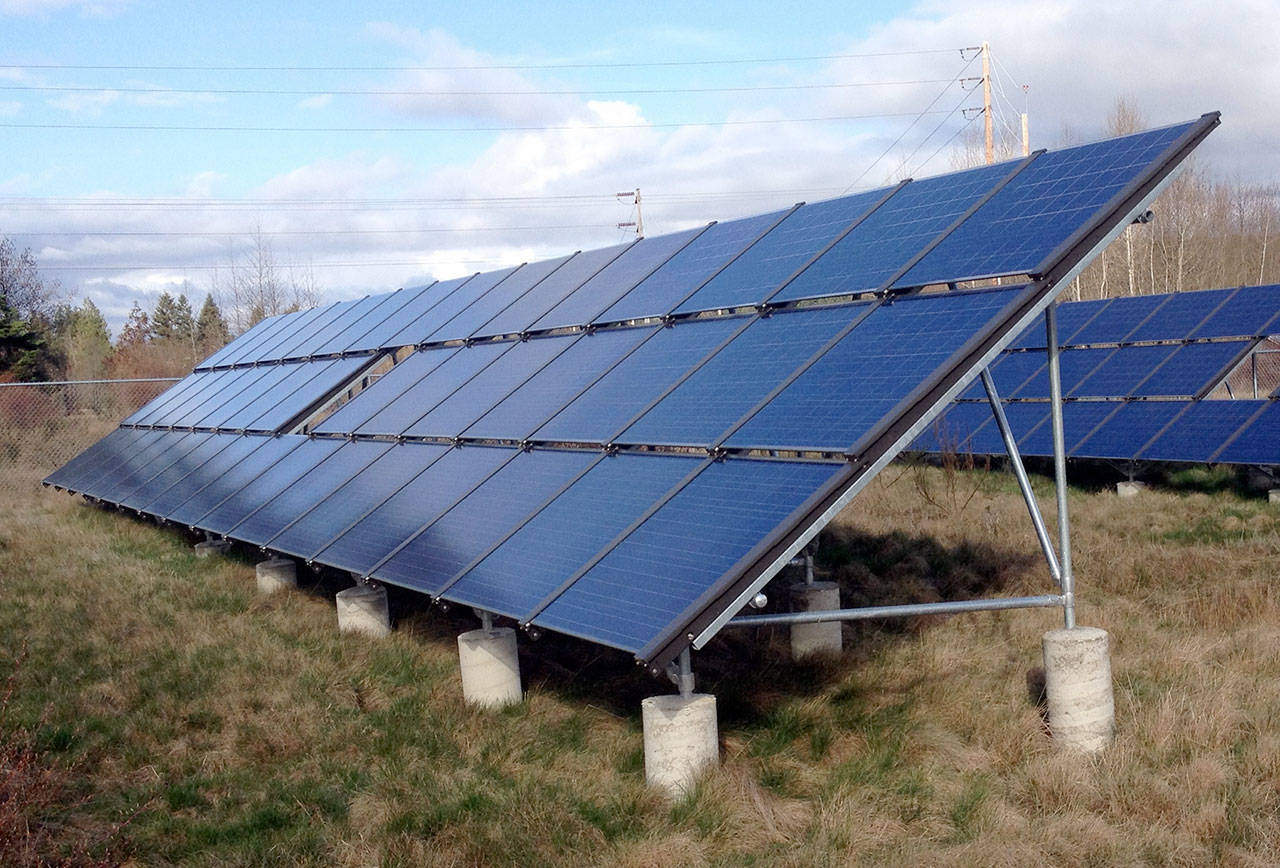 Installed 10 years ago by private investors, this array of solar panels has been powering many of the lights at the Jefferson County International Airport. Private investors are now donating the array to the Port. (Andy Cochrane)