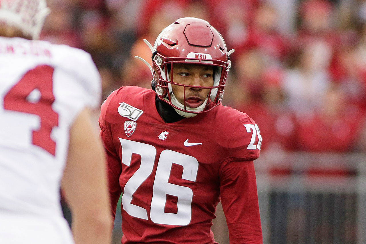 This Nov. 16, 2019, file photo shows Washington State defensive back Bryce Beekman (26) during the first half of an NCAA college football game against Stanford in Pullman, Wash. Bryce Beekman has died. Police Cmdr. Jake Opgenorth said Wednesday, Marc 25, 2020, the 22-year-old Beekman was found dead at a residence in Pullman. He declined to provide additional details and said more information would be released later by the Whitman County coroner’s office. (AP Photo/Young Kwak, File)