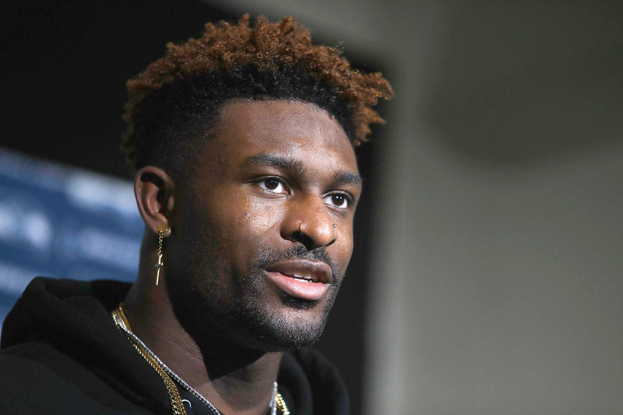In this Jan. 5, 2020, file photo, Seattle Seahawks’ D.K. Metcalf speaks during a news conference after an NFL wild-card playoff football game in Philadelphia. Metcalf says the best advice he received as a rookie was to sit and observe. Metcalf shared some of his experiences from last year with 547 rookies on the NFL’s rookie webinar held virtually after the draft. (AP Photo/Matt Rourke, File)