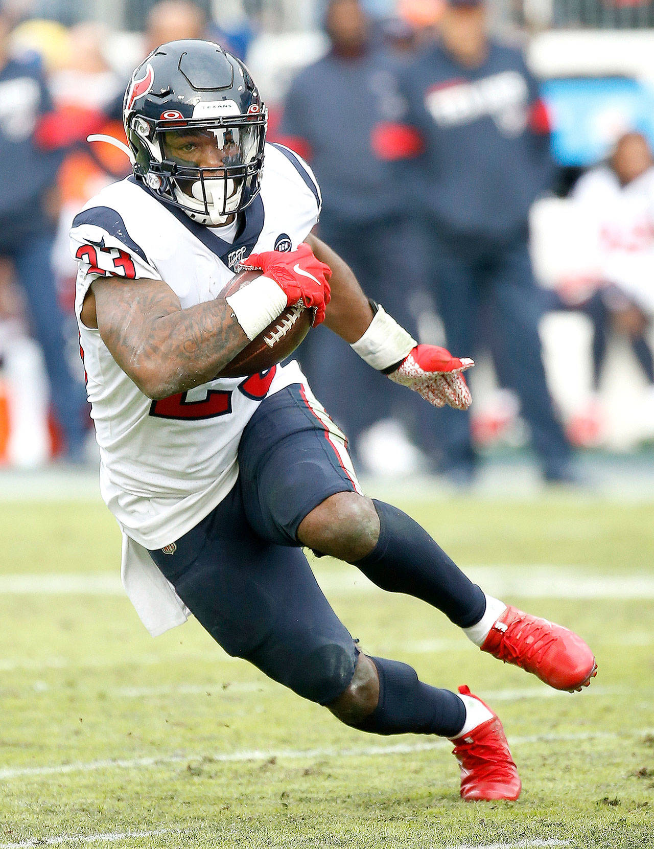 Houston Texans running back Carlos Hyde #23 during an NFL football game between the Houston Texans and the Tennessee Titans on Sunday, Dec. 15, 2019, in Nashville, Tenn. (Michael Zito/AP Images for Panini)