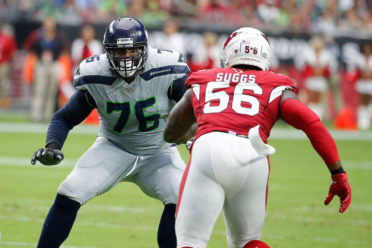Seattle Seahawks offensive tackle Duane Brown (76) during an NFL football game against the Arizona Cardinals, Sunday, Sept. 29, 2019, in Glendale, Ariz. (Rick Scuteri/Associated Press)