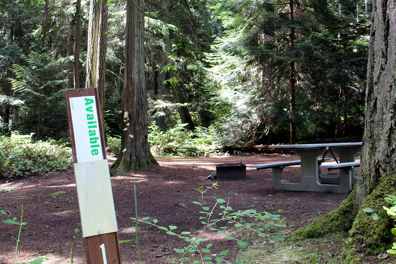 Campsites at Fort Townsend are empty and waiting as the state parks in Jefferson County opened for camping on Tuesday. County campgrounds will be opening Thursday. (Zach Jablonski/Peninsula Daily News)