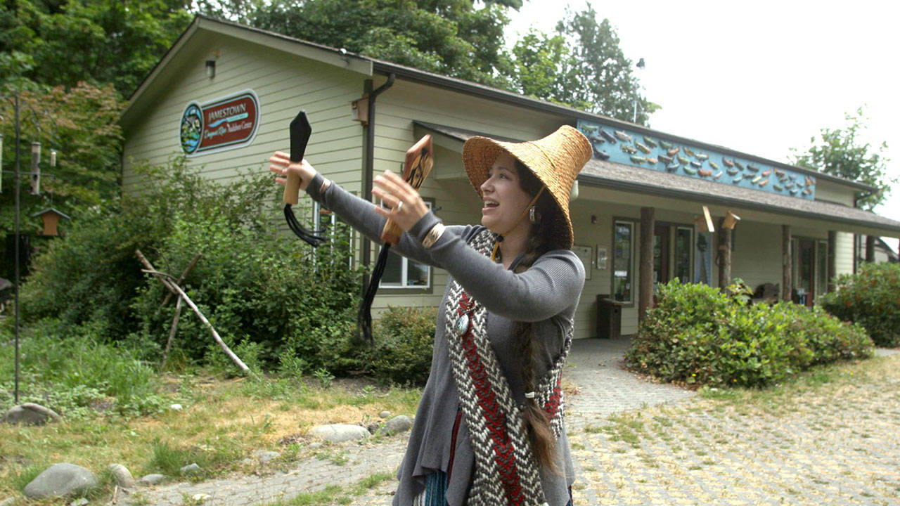 Loni Grinnell-Greninger, Jamestown S’Klallam Tribal Council vice-chair, performs a tribal blessing for the soon-to-be expanded Dungeness Audubon River Center. (Photo by Silas Crews, Story Crane Productions)