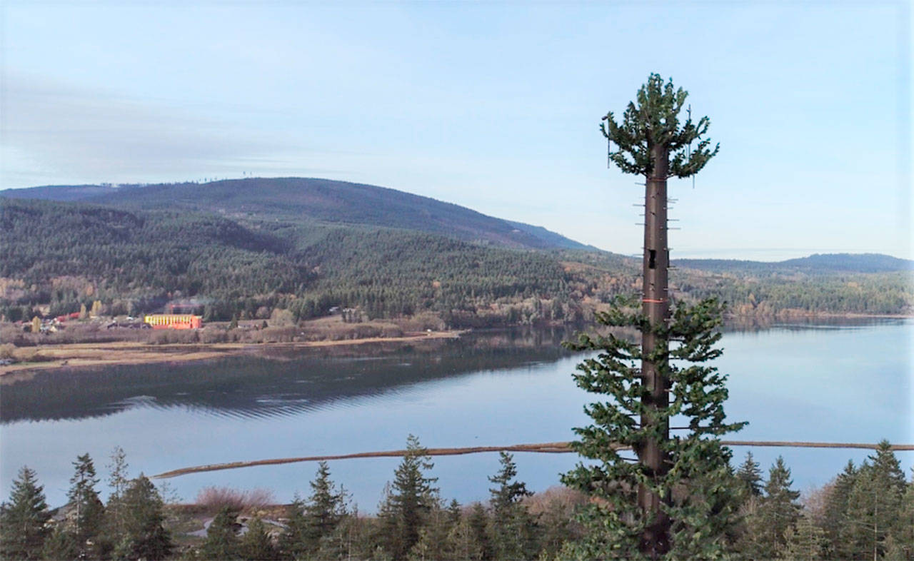 A telecommunications tower off Chicken Coop Road in Blyn has been completed. The tower expands cell service via Verizon Wireless, and it also includes communication equipment from Clallam County Fire District 3 and the Clallam County Sheriff’s Office, Jamestown S’Klallam Tribe representatives said. (Photo courtesy of the Jamestown S’Klallam Tribe)