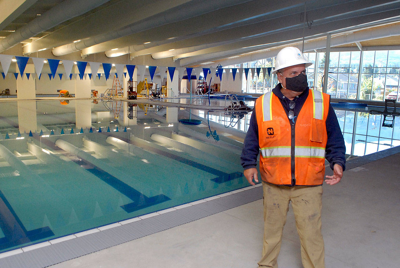 Steve Burke, William Shore Memorial Pool District executive director, talks about the features of the Shore Aquatic Center on Thursday, Aug. 27, 2020, in Port Angeles. (Keith Thorpe/Peninsula Daily News)