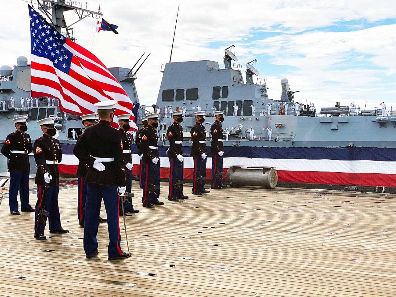 The USS Michael Murphy performs a Pass and Review on the USS Missouri on Sept. 2 during the 75th anniversary of the end of World War II commemoration. (Dave Richardson)