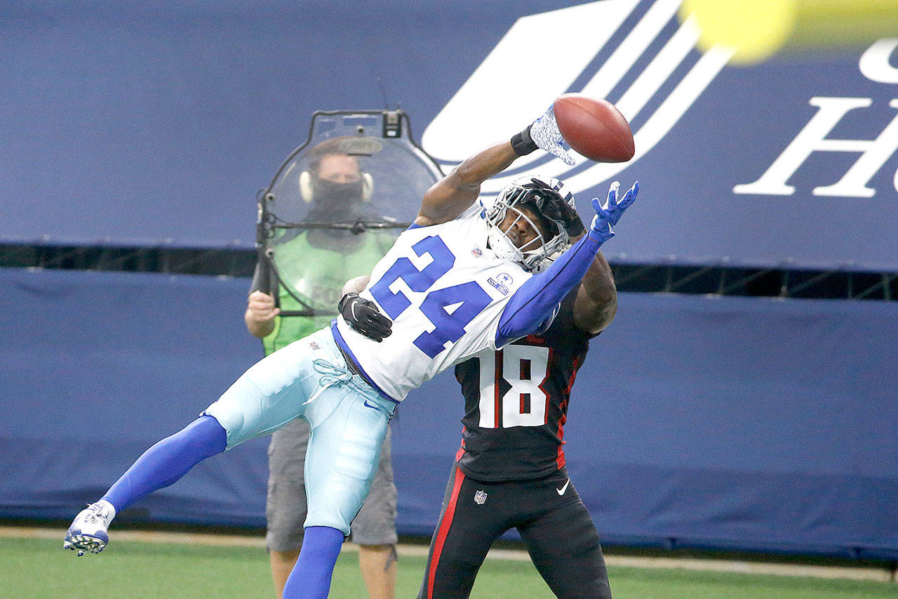 Ron Jenkins/Associated Press Dallas Cowboys cornerback Chidobe Awuzie (24) breaks up a pass intended for Atlanta Falcons wide receiver Calvin Ridley (18) in Arlington, Texas, Sunday.
