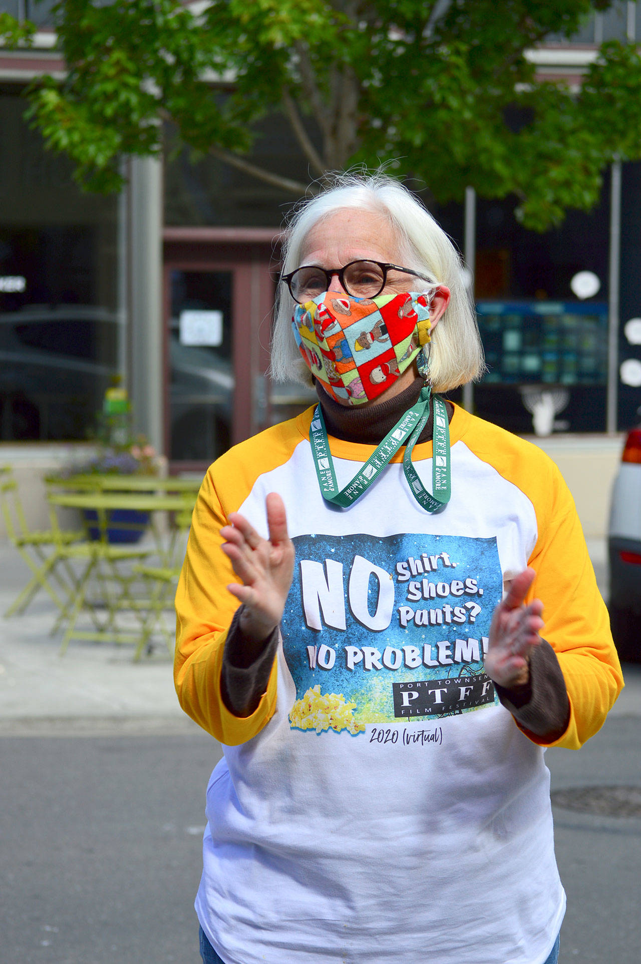 Janette Force, executive director of the Port Townsend Virtual Film Festival, models the event’s latest T-shirt. (Diane Urbani de la Paz/for Peninsula Daily News)
