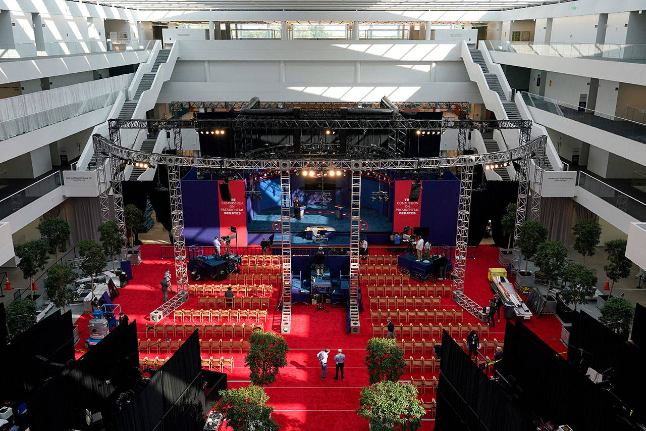 Preparations take place for the first Presidential debate in the Sheila and Eric Samson Pavilion on Monday, Sept. 28, 2020, in Cleveland. The first debate between President Donald Trump and Democratic presidential candidate, former Vice President Joe Biden is scheduled to take place tonight at 6 p.m. (Patrick Semansky/Associated Press)