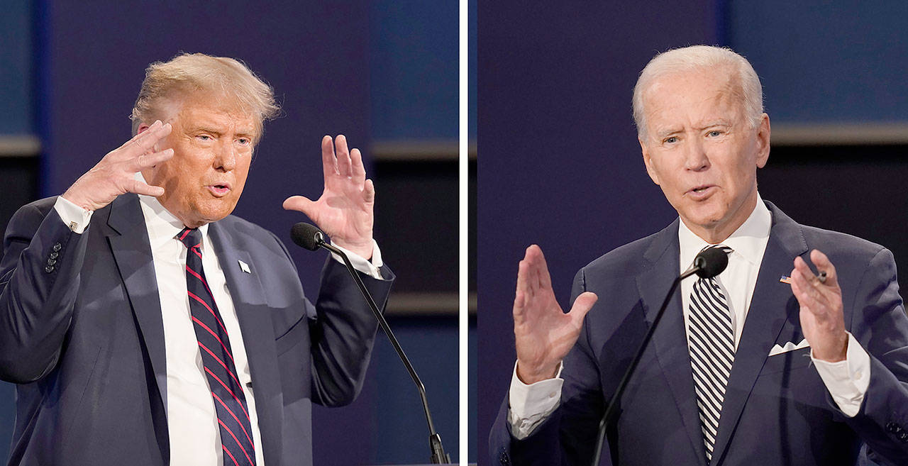In this combination image of two photos showing both President Donald Trump, left, and former Vice President Joe Biden during the first presidential debate Tuesday, Sept. 29, 2020, at Case Western University and Cleveland Clinic in Cleveland, Ohio. (Patrick Semansky/Associated Press)