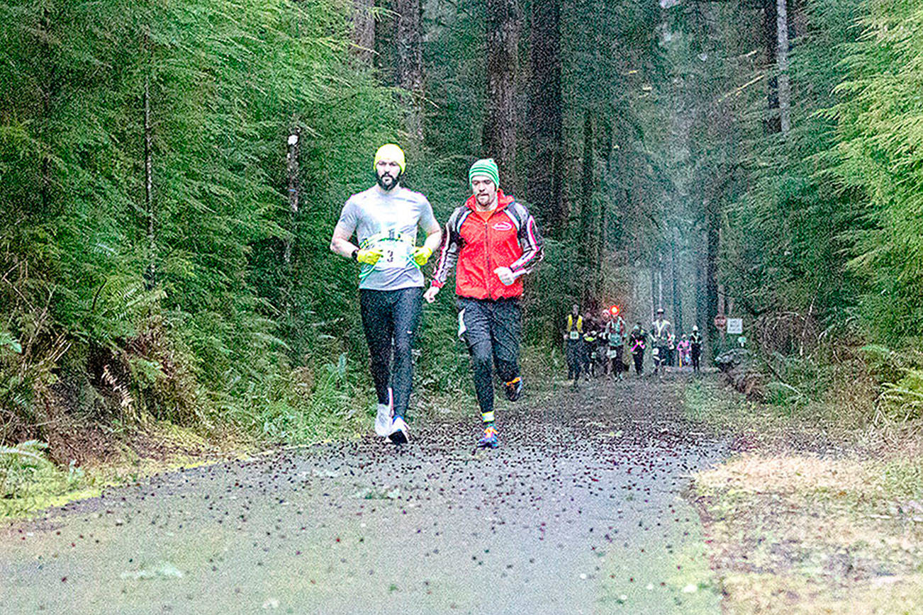 Matt SagenA member of Atlas Athletes from Olympic leads the pack at the second annual Frosty Moss relay race held along the Olympic Peninsula in early March. Atlas Athletes won the 80-mile race in a time of 9 hours, 29 minutes, 15 seconds.