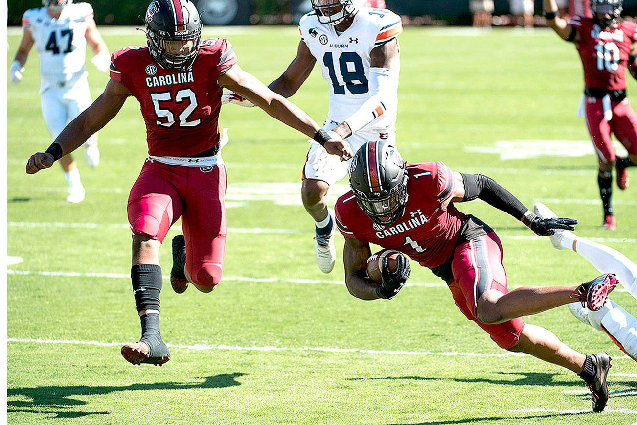 South Carolina defensive back Jaycee Horn (1) returns his second interception of the game during the second half of an NCAA college football game Saturday, Oct. 17, 2020, in Columbia, S.C. South Carolina defeated Auburn 30-22. (AP Photo/Sean Rayford)