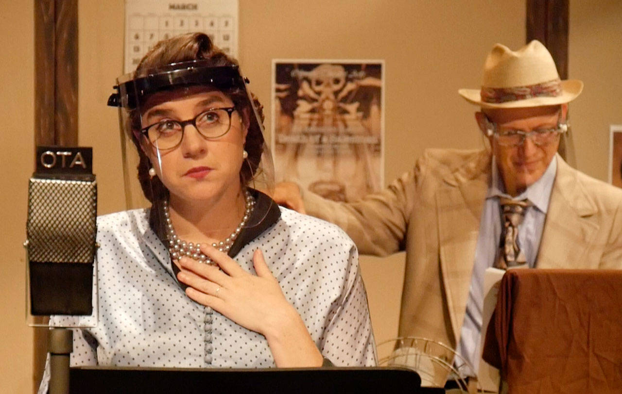 Ashley Kramer performs the little girl “Teenie,” one of her many supporting actor roles in the classic “Fibber McGee and Molly” series. (Photo courtesy of Olympic Theatre Arts)