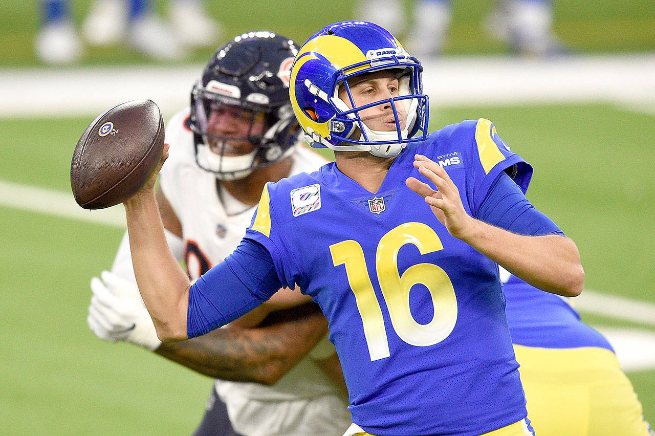 Los Angeles Rams quarterback Jared Goff throws against the Chicago Bears during the first half Oct. 26 in Inglewood, Calif. (AP Photo/Kelvin Kuo)