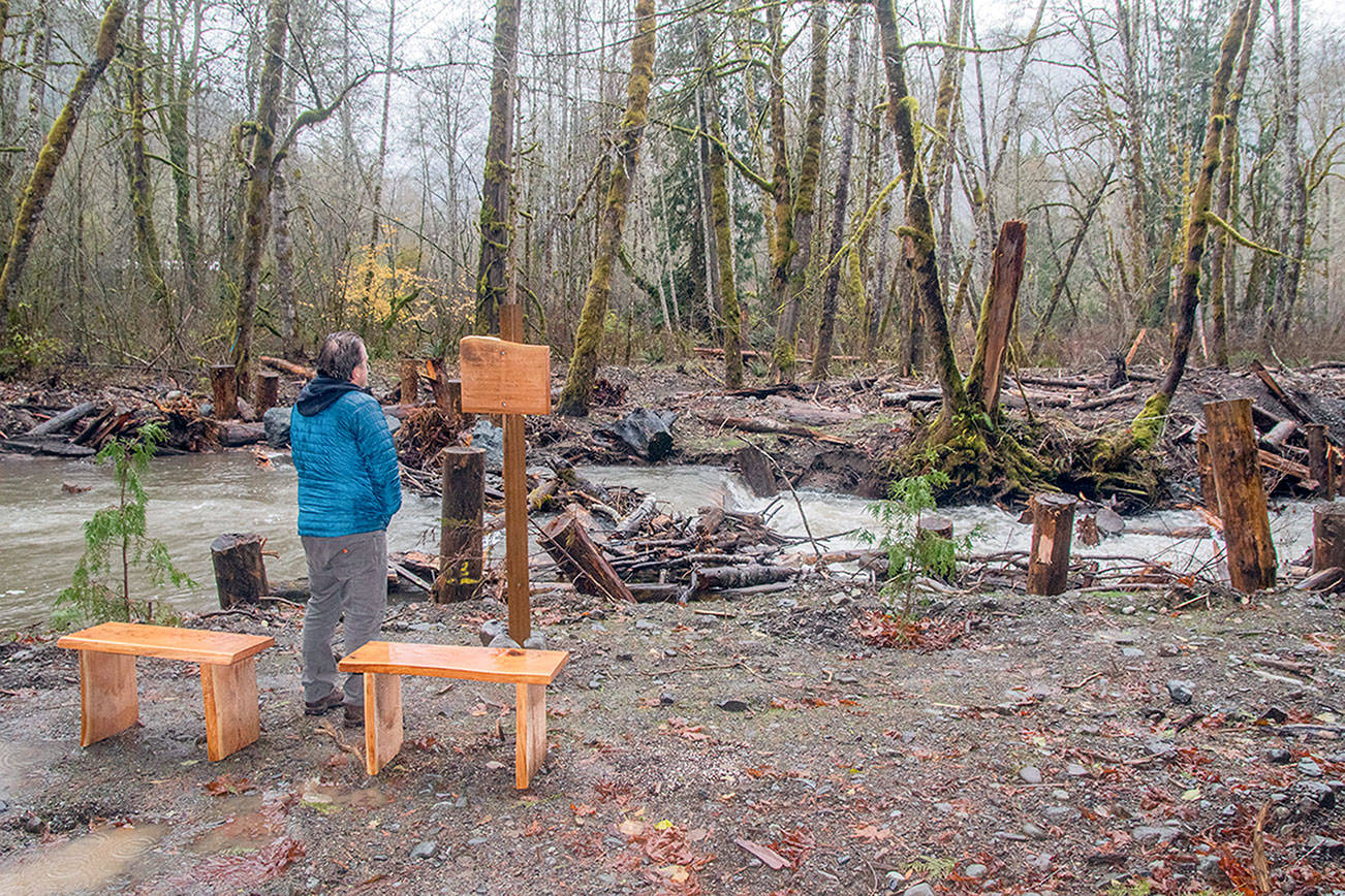 A sitting area on Little River dedicates the project to Rick Skelly, a supportive landowner of the project. Skelly died during the second year of construction. (Tiffany Royal/Northwest Indian Fisheries Commission)