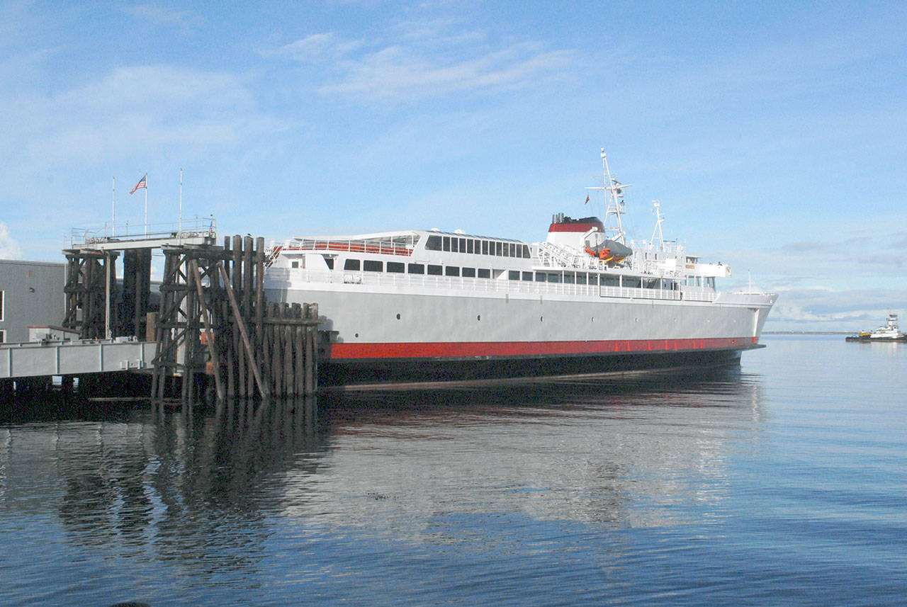 The ferry MV Coho sits idle at its landing in Port Angeles on Friday. (Keith Thorpe/Peninsula Daily News)