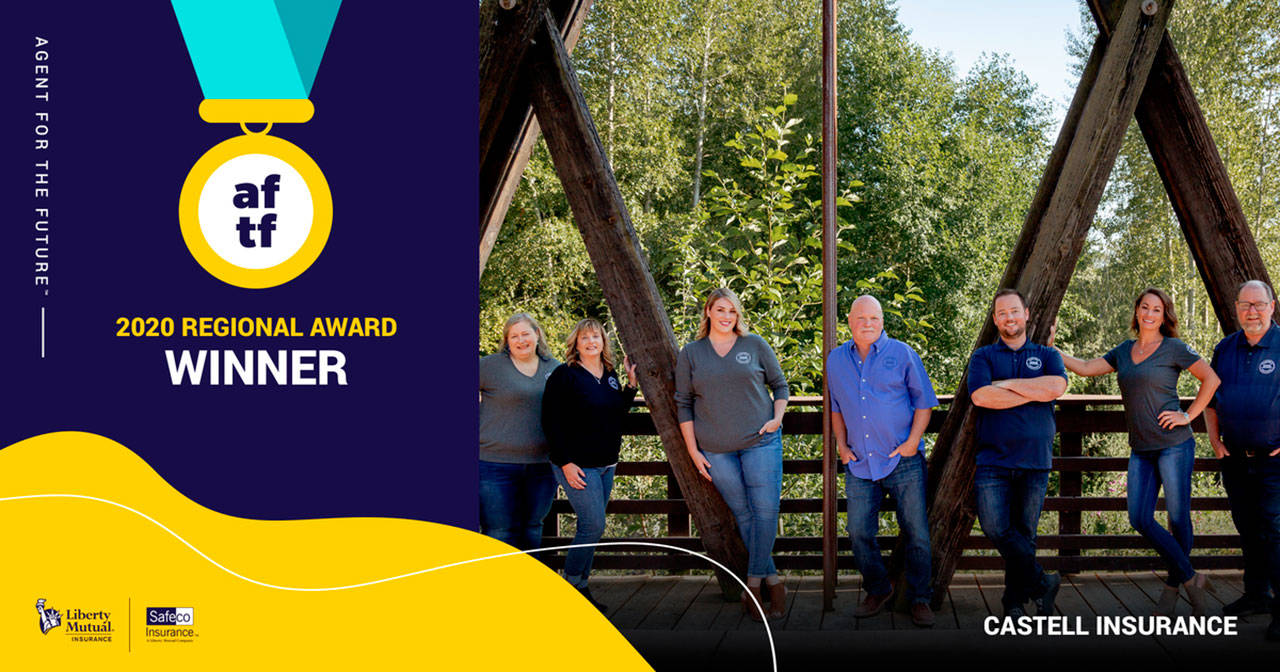 Staff at Castell Insurance were recently awarded an Agent For The Future award from Liberty Mutual and Safeco Insurance. Pictured are home and auto adviser Stephany Shackelford; Medicare adviser Christy Francis; home and auto adviser Andrea Hingtgen; Medicare and life adviser John Coulson; sales and marketing director James Castell; director of first impressions Kelsey Sands; and agency founder Phil Castell. (Submitted image)