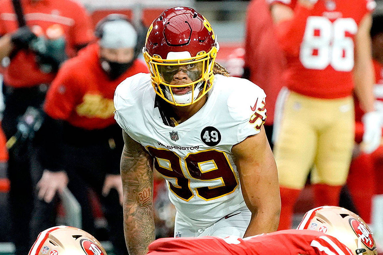 Washington Football Team defensive end Chase Young (99) during an NFL football game against the San Francisco 49ers, Sunday, Dec. 13, 2020, in Glendale, Ariz. (AP Photo/Rick Scuteri)