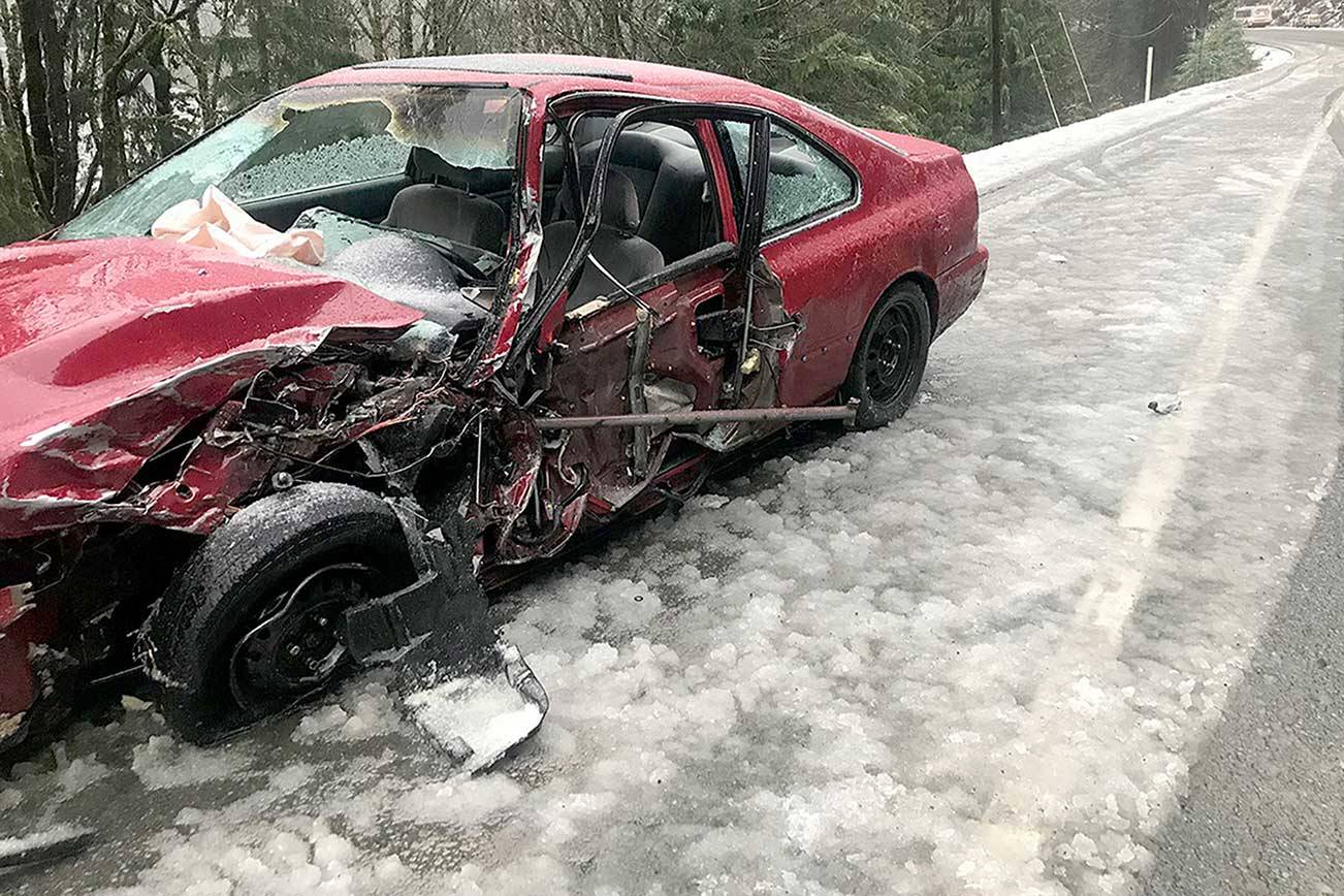 A Forks woman was transported to a hospital after her vehicle collided with a Clallam Transit bus on Monday. (Washington State Patrol)