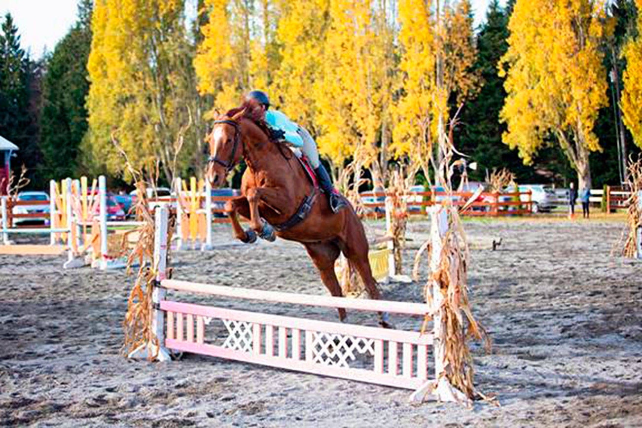 As Fox-Bell Farm Assistant Coach Chloe McGee guides Cooper through a series of jumps, he sails over each one with room to spare.  The farm adopted Cooper from a local rescue facility, trained and schooled him, and now he’s one of its lesson horses for more experienced riders.  (Meghan Lawson/Two Red Dogs Photography)