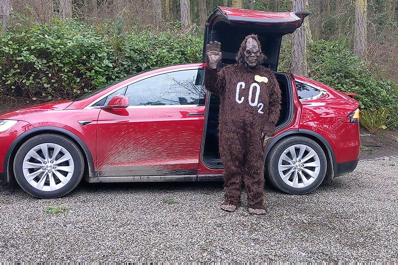 Bigfoot -- aka Kepler Stanley-Hunt of Port Townsend -- appeared recently with his family's Tesla on McCurdy Point Road. More Bigfoot sightings are forecast as the Taming Bigfoot 2021: Recovering Greener challenge gets underway.  photo by Laura Tucker