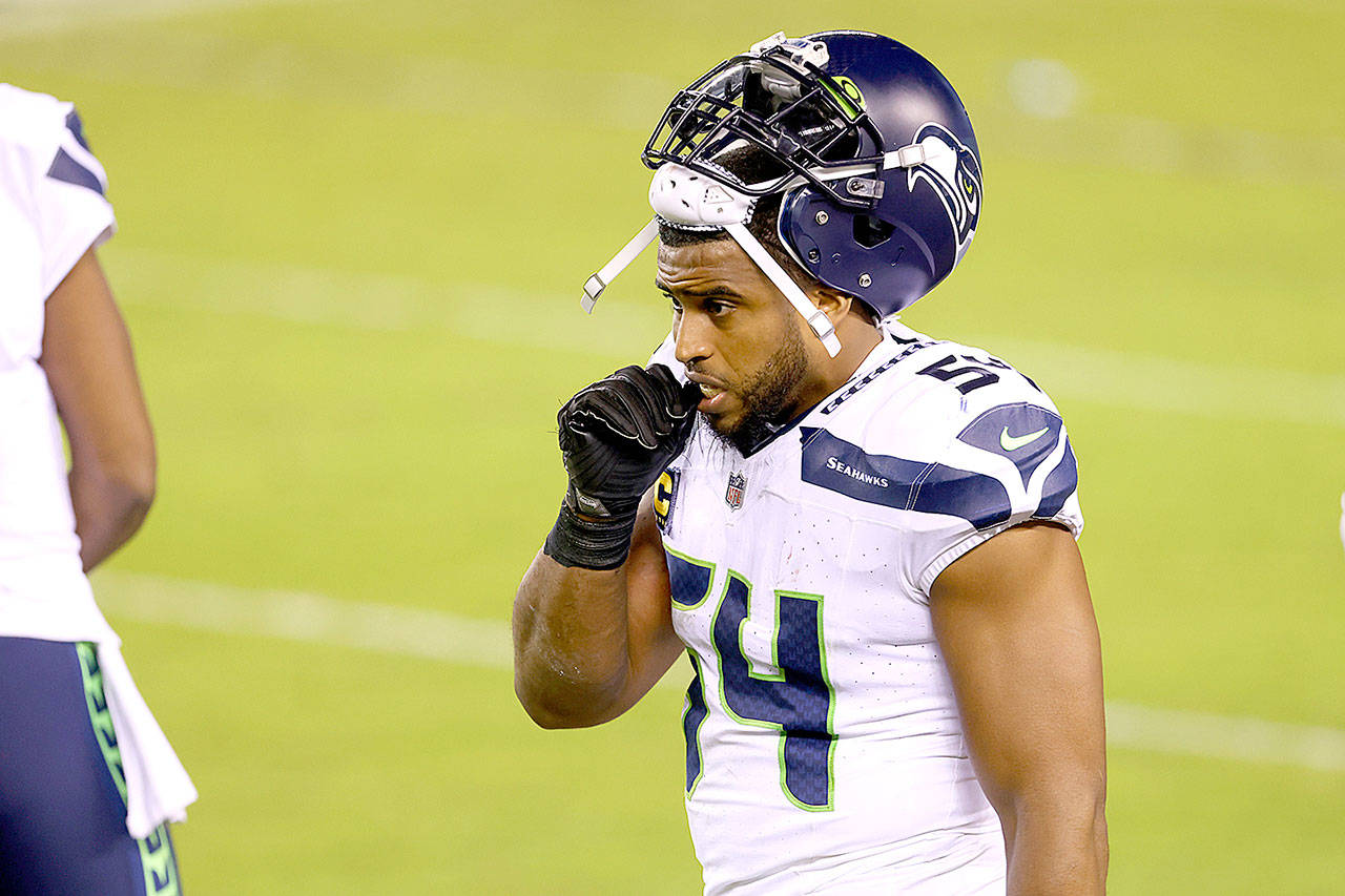 Seattle Seahawks’ Bobby Wagner (54) in action against the Philadelphia Eagles during an NFL football game, Monday, Nov. 30, 2020, in Philadelphia. The Seahawks defeated the Eagles (AP Photo/Rich Schultz)