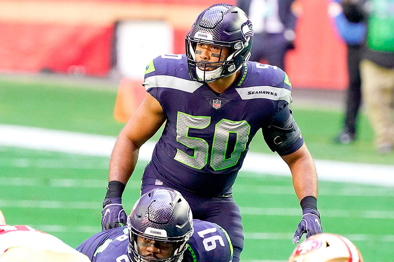 Seattle Seahawks outside linebacker K.J. Wright (50) during an NFL football game against the San Francisco 49ers, Sunday, Jan. 3, 2021, in Glendale, Ariz. (AP Photo/Rick Scuteri)